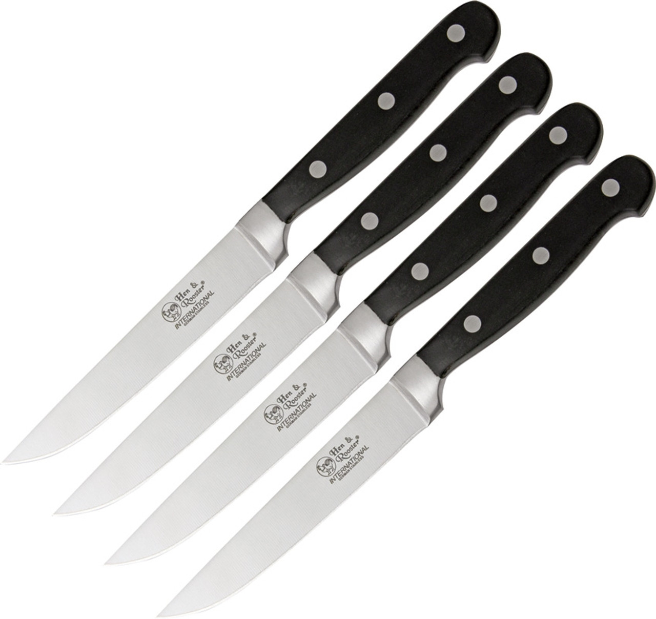 Hen & Rooster HRI008 Four Piece Steak Knife Set, 4.75" 440A Stainless Plain Blade, Stainless Guard, Black Bakelite Handle 1 Hen & Rooster HRI008 Four Piece Steak Knife Set, 4.75" 440A Stainless Plain Blade, Stainless Guard, Black Bakelite Handle