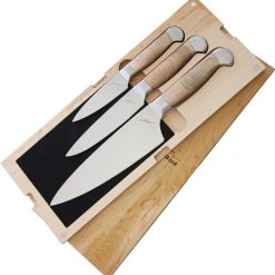 Ferrum Estate 3pc Kitchen Set, American Steel Full Tang Blades, Maple Wood Handles