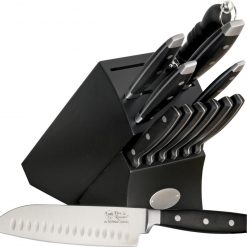 Hen & Rooster Kitchen Block Set, 13 Piece Cutlery Set w/Natural Wood Counter Block with Black Finish