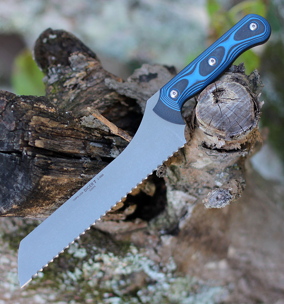 TOPS Knives Dicer 7 Bread Knife - Blk/Blue G10 (7.6" CPM S35VN Tumbled) DCR7-01 1 TOPS Knives Dicer 7 Bread Knife - Blk/Blue G10 (7.6" CPM S35VN Tumbled) DCR7-01
