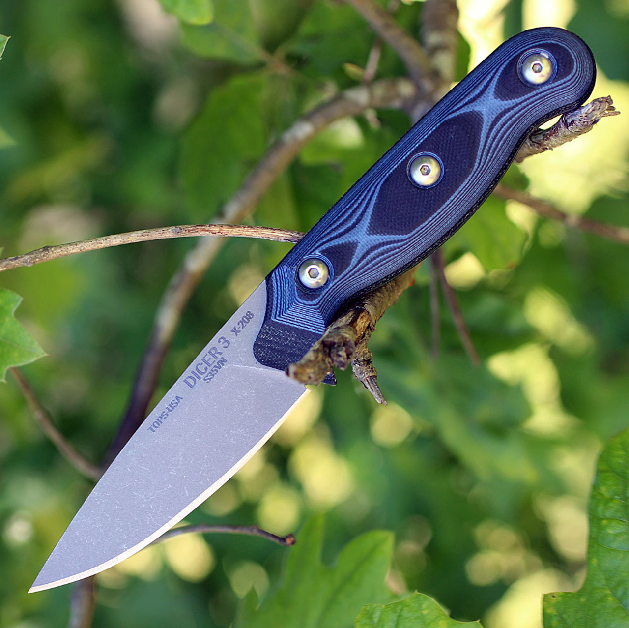 TOPS Knives Dicer 3 Paring Knife DCR3-01, 3.50" CPM S35VN Plain Blade, Black Canvas Micarta/Blue-Black G10 Handle 1 TOPS Knives Dicer 3 Paring Knife DCR3-01, 3.50" CPM S35VN Plain Blade, Black Canvas Micarta/Blue-Black G10 Handle