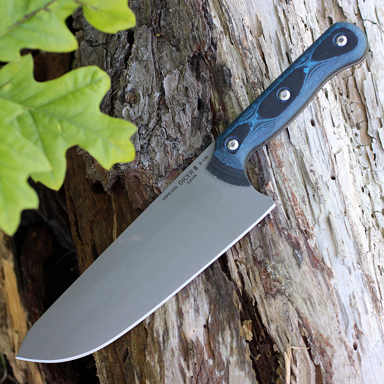 TOPS Knives Dicer 8 Chef Knife DCR8-01, 7.75" CPM S35VN Plain Blade, Black Canvas Micarta/Blue-Black G10 Handle 1 TOPS Knives Dicer 8 Chef Knife DCR8-01, 7.75" CPM S35VN Plain Blade, Black Canvas Micarta/Blue-Black G10 Handle