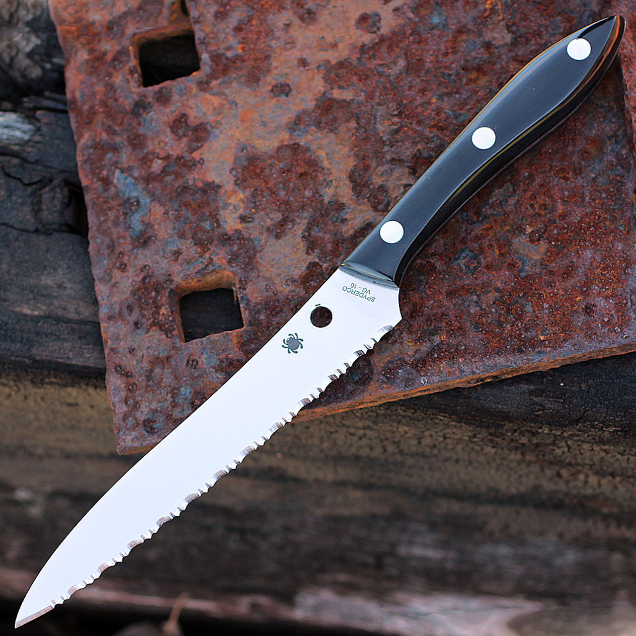 Spyderco K11S Cook’s Knife, 5.85 in VG-10 Serrated Blade, Corian Handles 1 Spyderco K11S Cook’s Knife, 5.85 in VG-10 Serrated Blade, Corian Handles