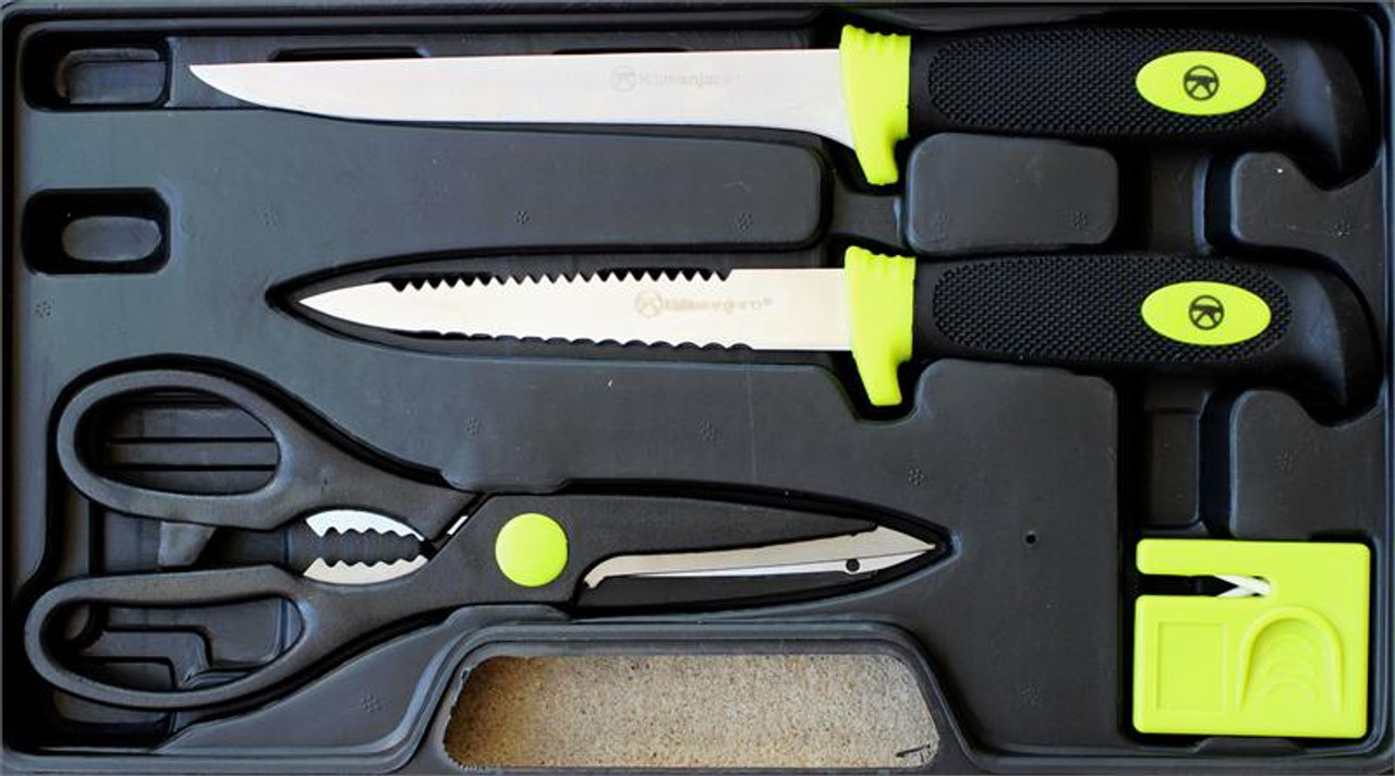 Kilimanjaro KJ910063 5 Piece Fishing Set, SS Blades, Rubberized Handles, Ceramic Sharpener, Plastic Case 1 Kilimanjaro KJ910063 5 Piece Fishing Set, SS Blades, Rubberized Handles, Ceramic Sharpener, Plastic Case