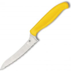 Spyderco Z-Cut Pointed Kitchen Knife CK14SYL, 4.40" CTS BD1N Serrated Blade, Yellow Polypropylene Handle